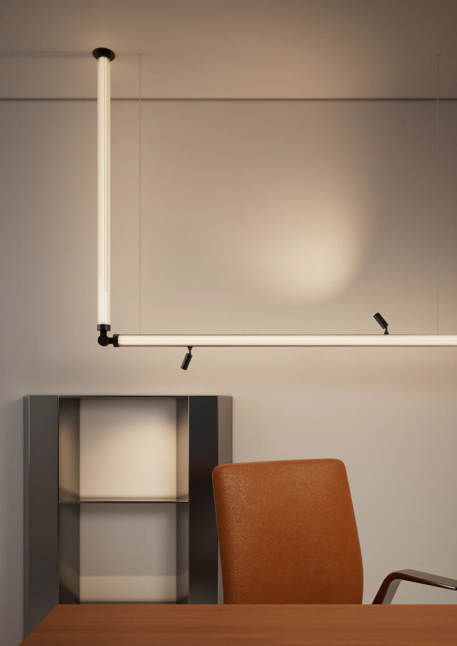 Continuous linear lighting run turning an interior corner