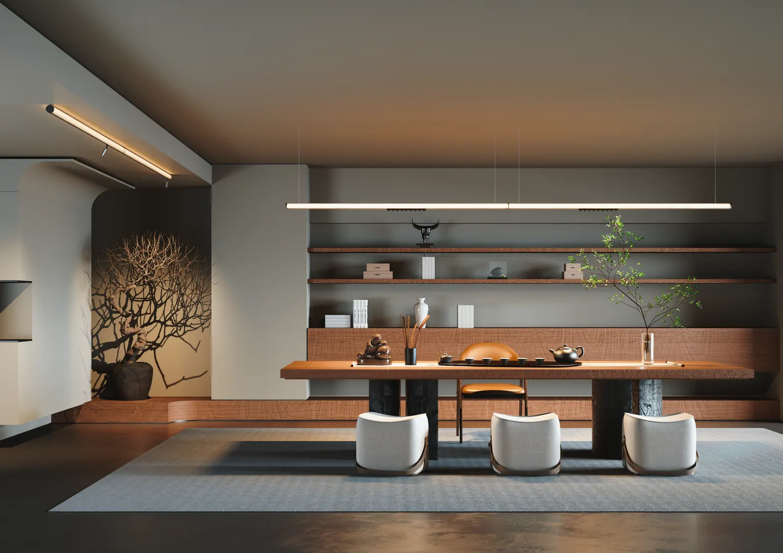 Dining room lit on a warm accent scene